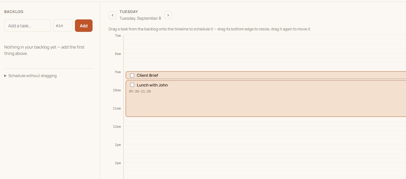 Dayrail's day-view timeline showing scheduled time blocks synced with Google Calendar