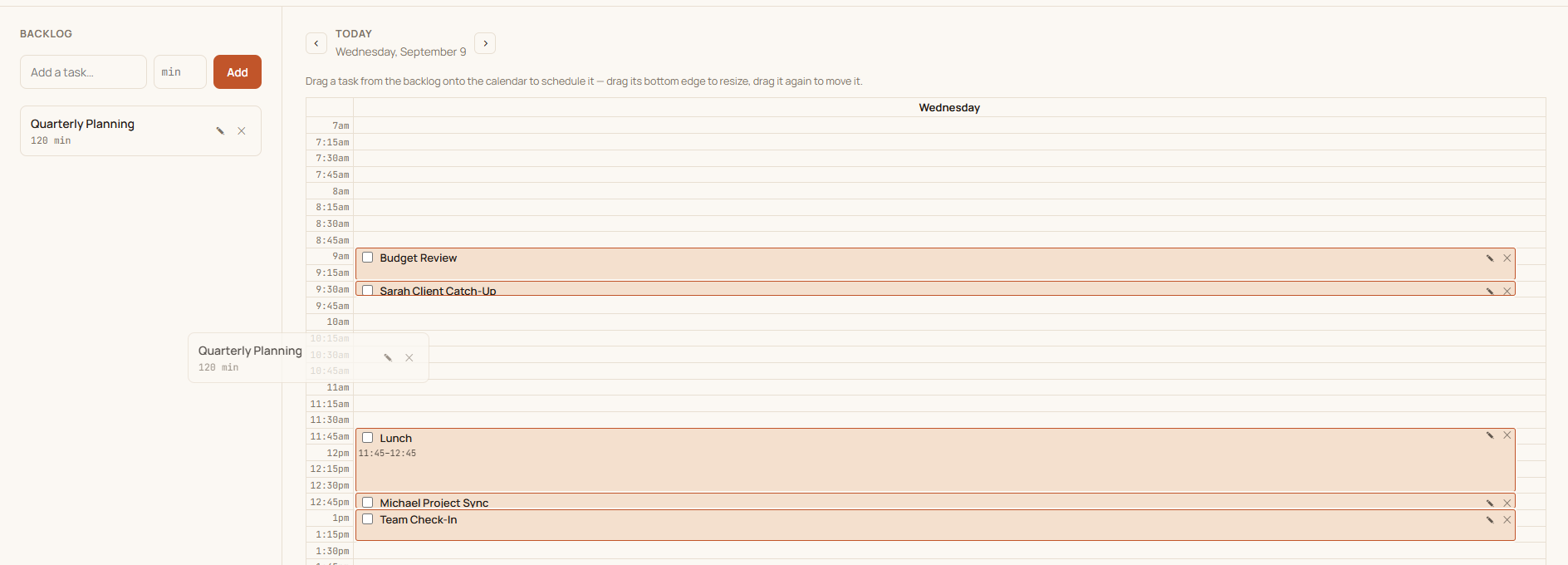 Dayrail's backlog panel next to the day's scheduled calendar, mid-drag toward an open slot