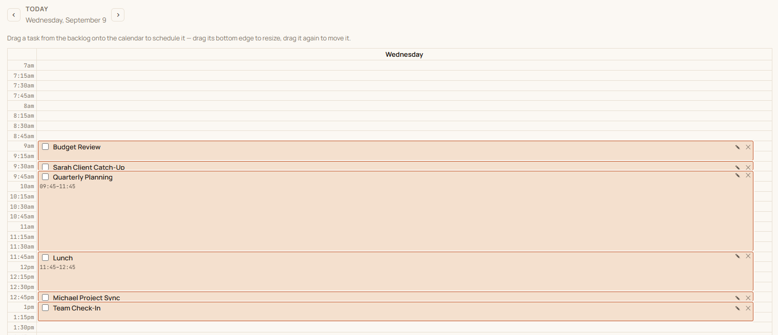 Dayrail's day view showing a backlog panel and a real Google Calendar day filled with scheduled tasks