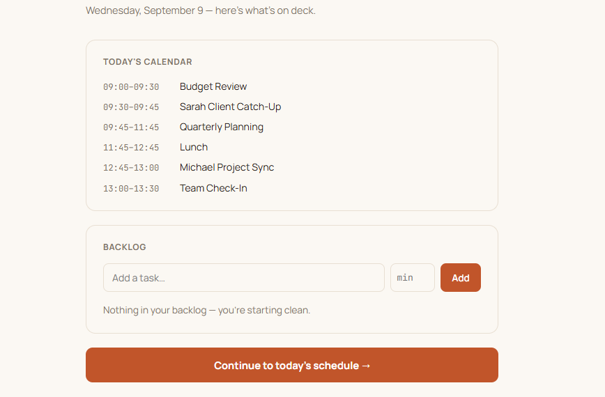 Dayrail's morning plan screen listing today's calendar and the current backlog before continuing to the schedule