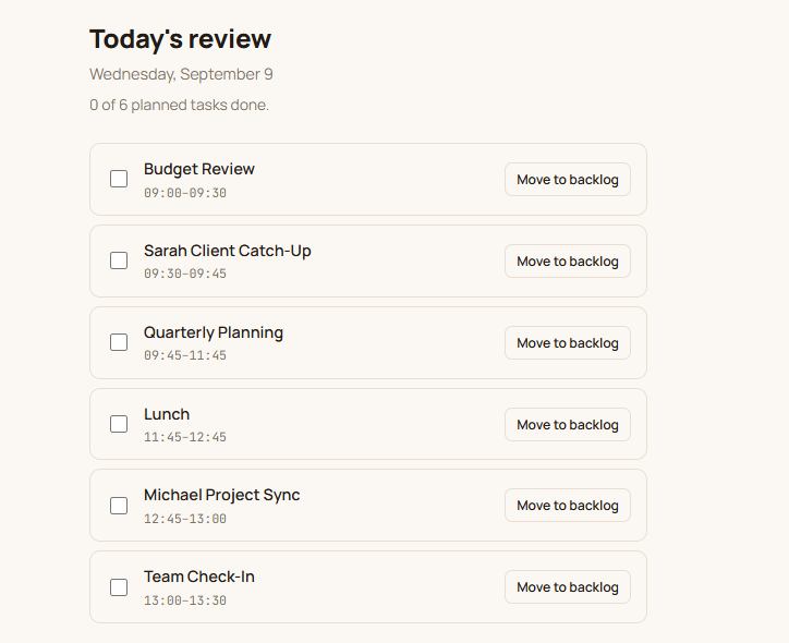 Dayrail's evening review screen listing today's tasks with a move-to-backlog button on each